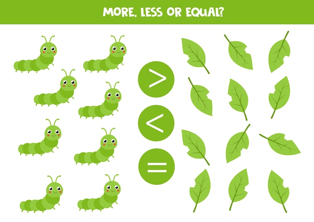 More, less or equal with cute caterpillar and leaves. Educational math game for kids.