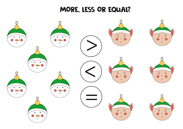 More, less, equal with cute Christmas balls. Math comparison.