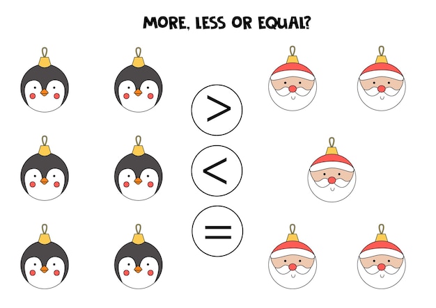 More, less, equal with cute Christmas sweaters. Math game for kids.