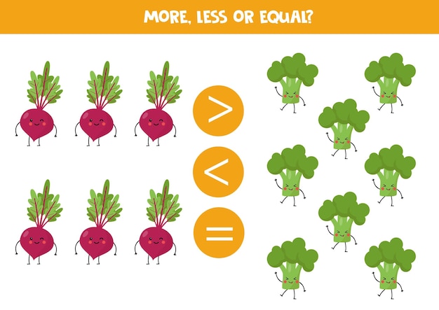 More less or equal with cute kawaii beetroots and broccolis