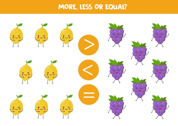 More less or equal with cute kawaii lemons and grapes