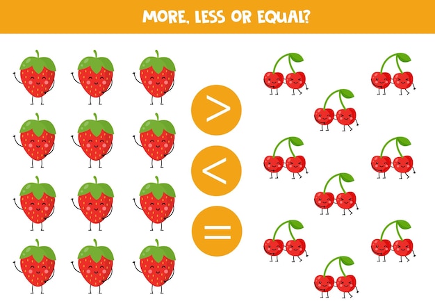 More less or equal with cute kawaii strawberries and cherries