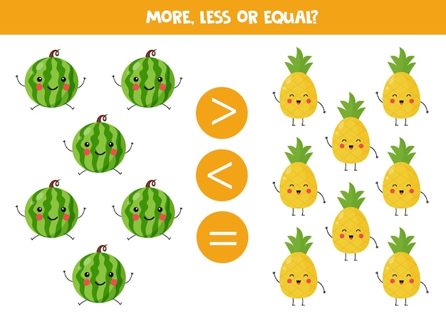 More less or equal with cute kawaii watermelons and pineapples