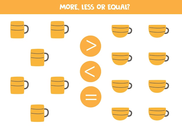 More, less, equal with kitchen mugs and cups. Math comparison.