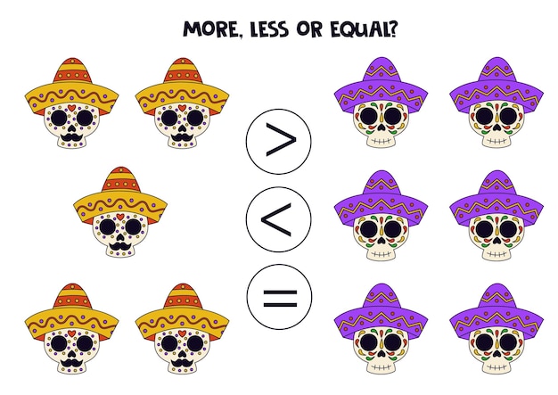 More less equal with Mexican skulls in hats Math game