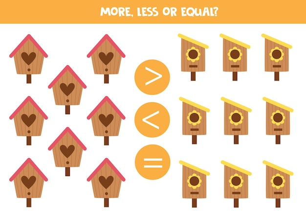 More less or equal with wooden birdhouses