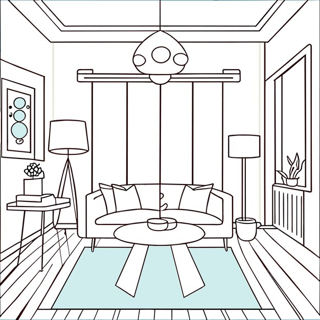 Vector morning bedroom in mess illustration of interior living room scene coloring book page