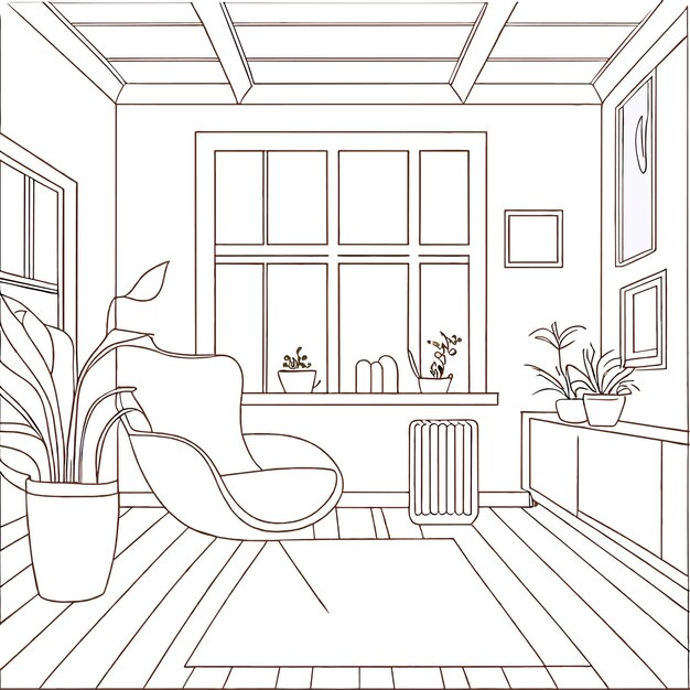 Vector morning bedroom in mess illustration of interior living room scene coloring book page