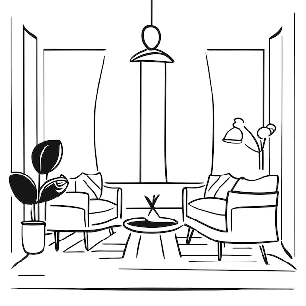 Vector morning bedroom in mess illustration of interior living room scene coloring book page