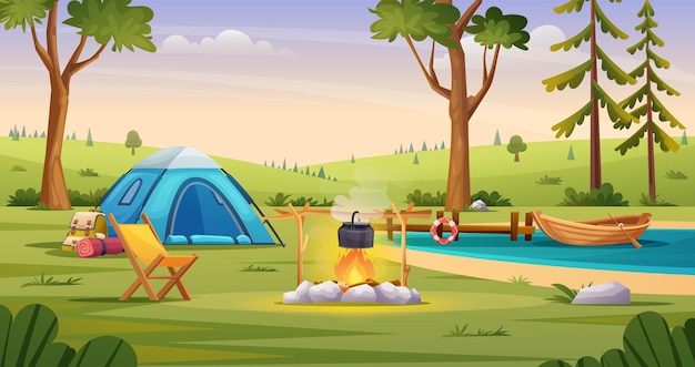 Morning camp landscape with hills and lake view illustration