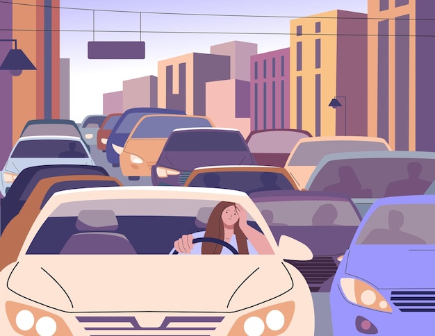 Morning city traffic jam and sleepy female driver Woman driving car slow moving in urban auto flow Tired kicky girl and modern town problems vector concept of city traffic morning illustration