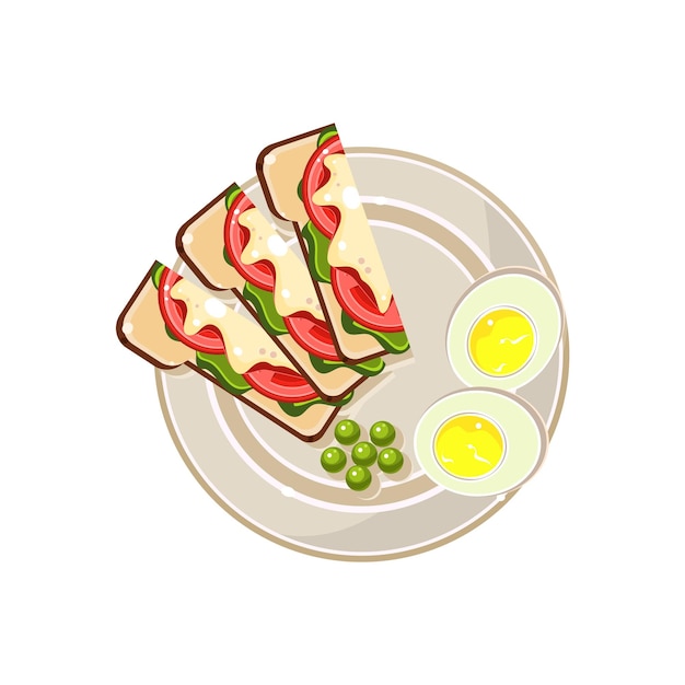 Morning Hot Sandwiches and Eggs Served Food. Colourful Vector Illustration