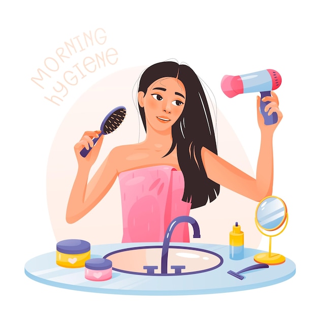 Morning hygiene collection A young girl dries her hair with a hair dryer Selfcare at home