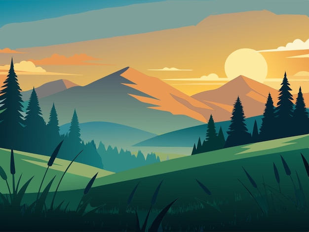 morning in land with grass and sky vector illustration flat 2