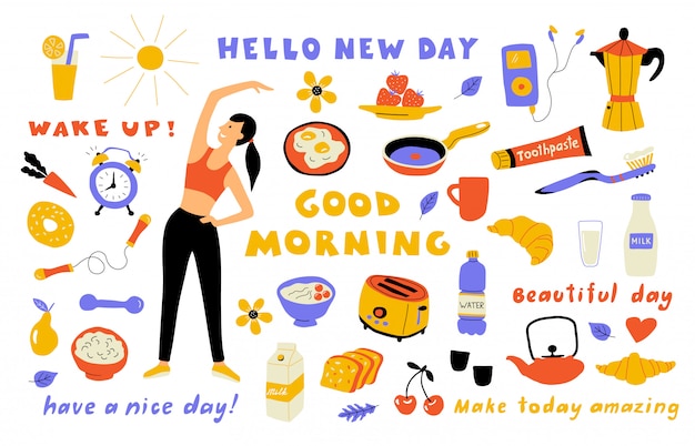 Morning lifestyle, cute doodle set with lettering. Cartoon woman performing exercise, breakfast food. Hand drawn illustration.