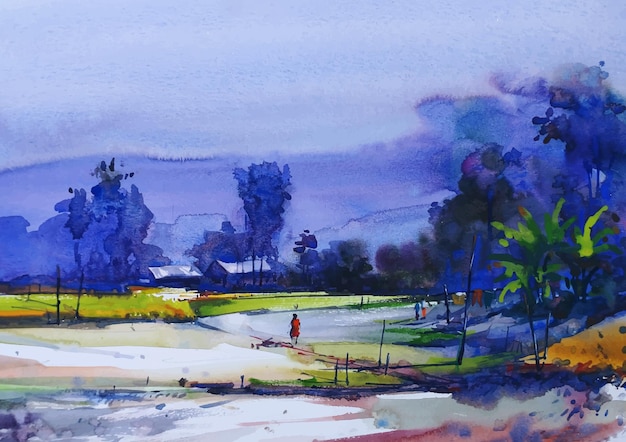 Morning nature watercolor landscape