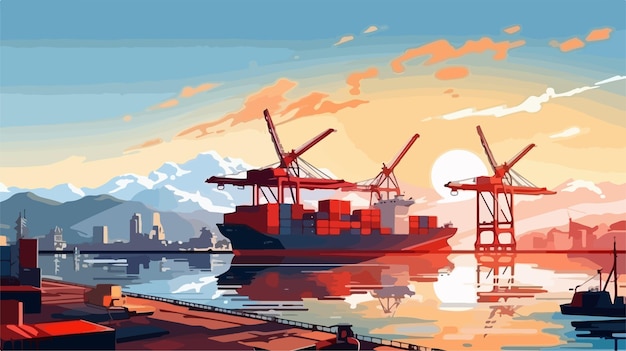 Vector morning port view cartoon illustration