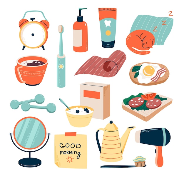 Morning routine set with alarm clock, toothpaste and toothbrushes, fitness stuff, breakfast etc. Vector collection of elements