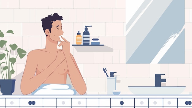 Morning Routine of Young Man Shaving in Bathroom Flat