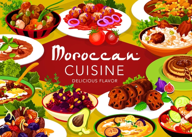 Moroccan cuisine meat with prunes and almond, pomegranate beetroot salad, fig cake. Chicken soup, pie with dates, fishball with tomato sauce, meatballs with tomato paste and egg food of Morocco