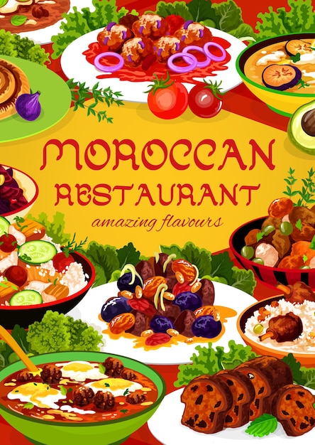 Moroccan restaurant food almond, pomegranate beetroot salad, fig cake, chicken soup. Couscous salad with vegetable, payla, meatballs with tomato paste and egg, cuisine of Morocco cartoon poster