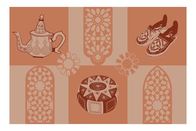 Vector moroccan scene with doors, windows and traditional craftsmanships. terracotta colors background.