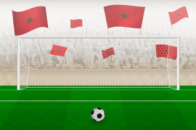 Morocco football team fans with flags of Morocco cheering on stadium penalty kick concept in a soccer match