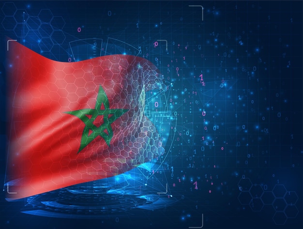 Morocco,  vector 3d flag on blue background with hud interfaces