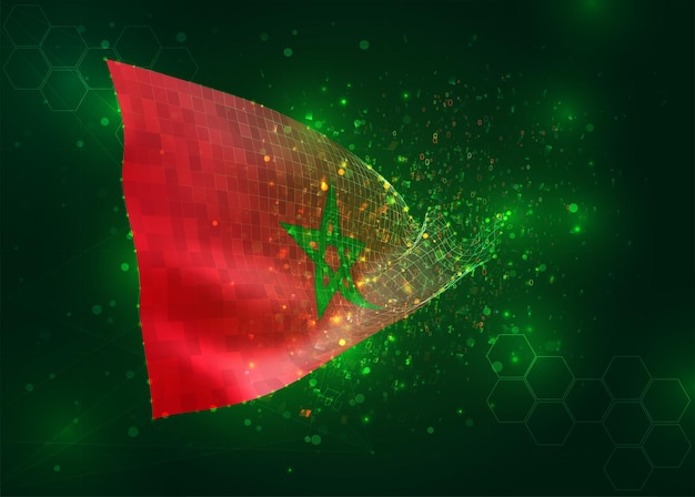 Morocco on vector 3d flag on green background with polygons and data numbers