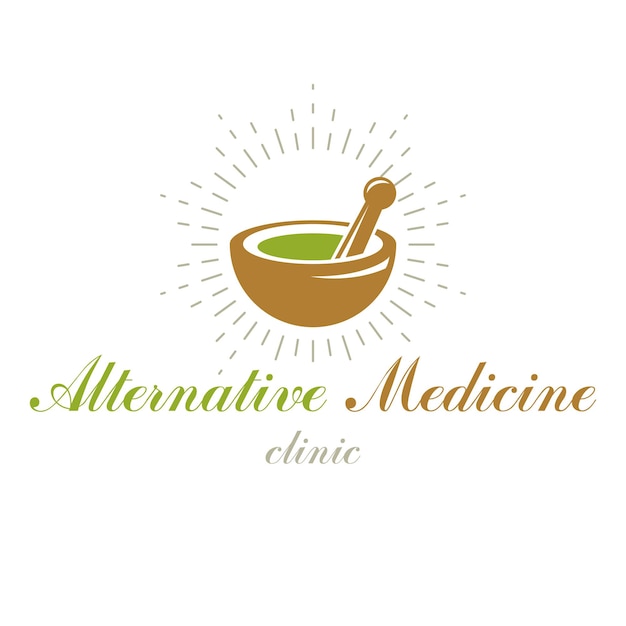 Mortar and pestle graphic vector symbol composed with green leaves. Homeopathy creative logo for use in medicine, rehabilitation or pharmacology.