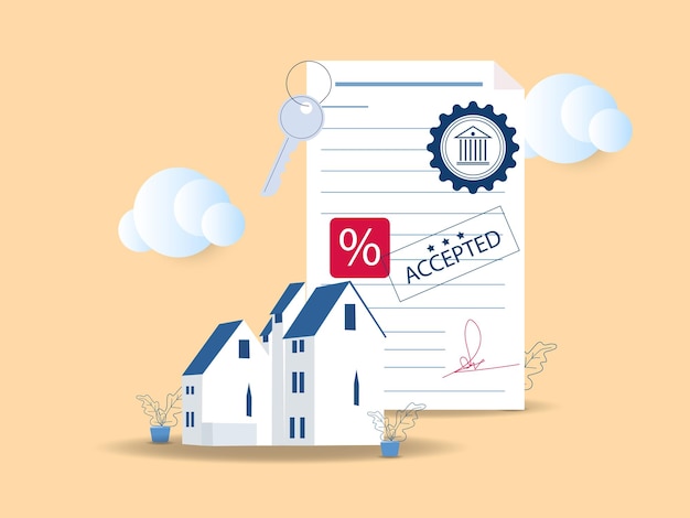 Mortgage contract concept Signed Mortgage Rate Document agreement with bank stamp and house keysvector illustration