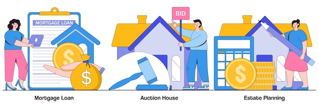 Vector mortgage loan auction house estate planning concepts with people characters residential and commercial property illustration pack real estate services down payment attorney advise metaphor