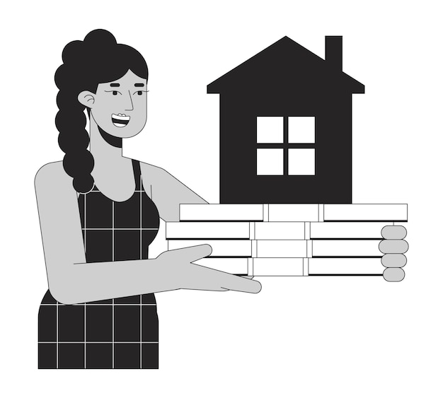 Mortgage for real estate bw concept vector spot illustration Woman holding cash for buying house 2D cartoon flat line monochromatic on white for web UI design Editable isolated color hero image