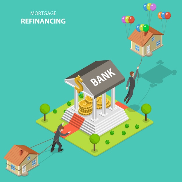 Mortgage refinancing isometric flat vector illustration.