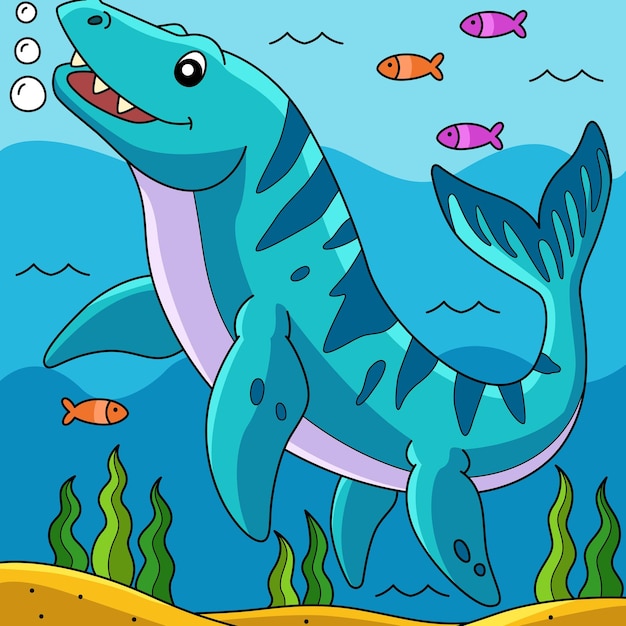 Mosasaurus Dinosaur Colored Cartoon Illustration