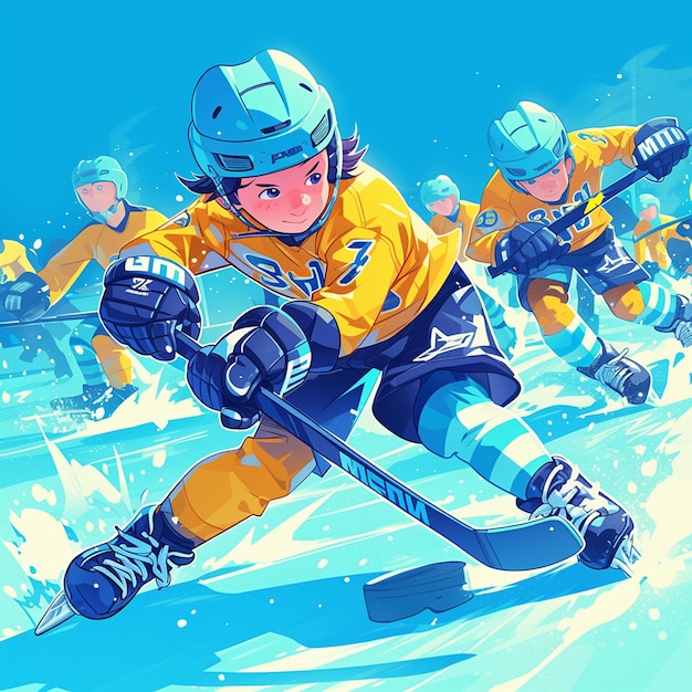 A Moscow boy plays bandy in cartoon style