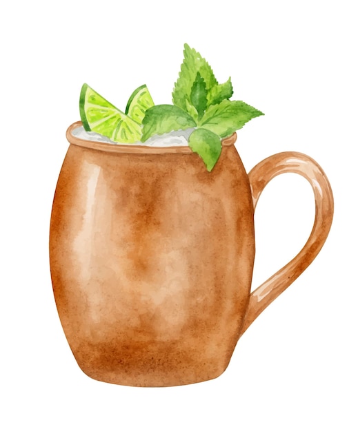 Moscow mule cocktail watercolor hand drawn illustration Drink clipart on white background