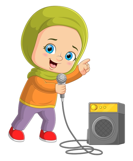 The moslem girl sings a song with the mic beside the big speaker