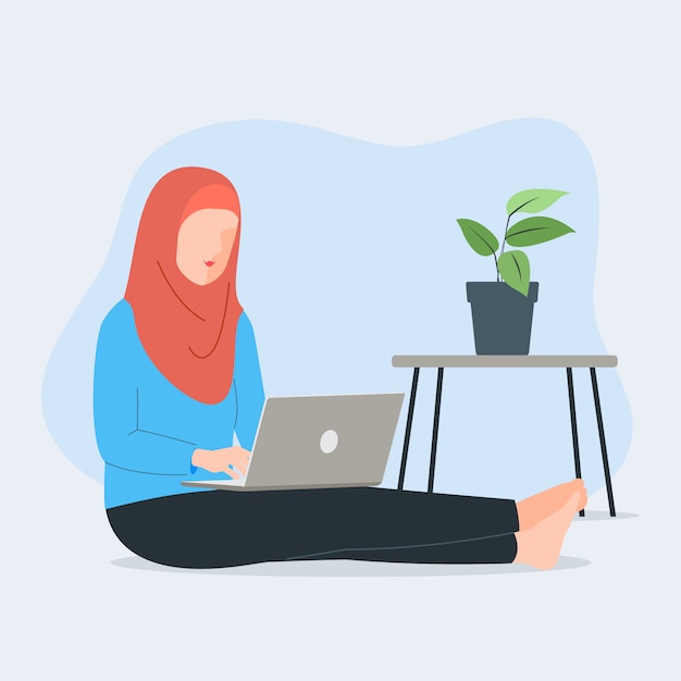 Moslem women with laptop sitting on the floor. Freelance studying concept or work from home. Cute illustration in flat style.