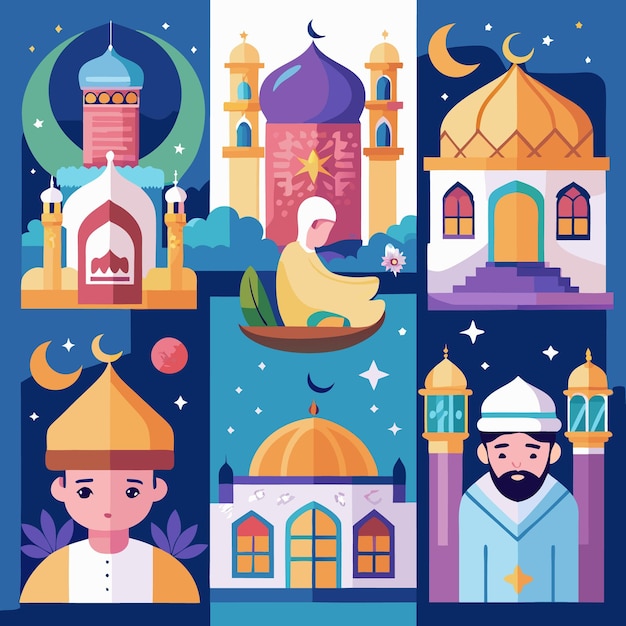 Mosque Architecture Islamic Culture Ramadan Celebration Night Sky Muslim Man Crescent Moon Starry Night Religious Symbols Traditional Dress Faith and Spirituality