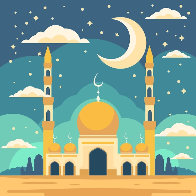 Mosque and Big Crescent Moon at Night Sky Islamic Festival Card