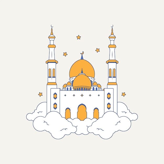 Mosque and cloud minimalist line art illustration Arabic architecture ornament background