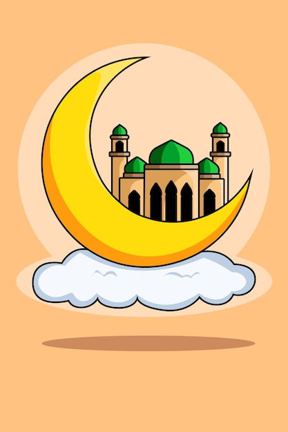 Mosque Design Above Moon with Cloud