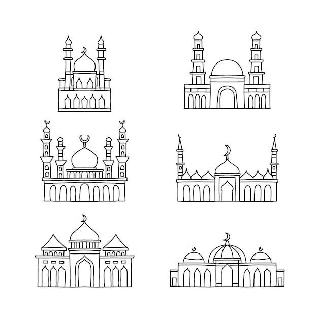 mosque handrawn doodle illustrations vector set