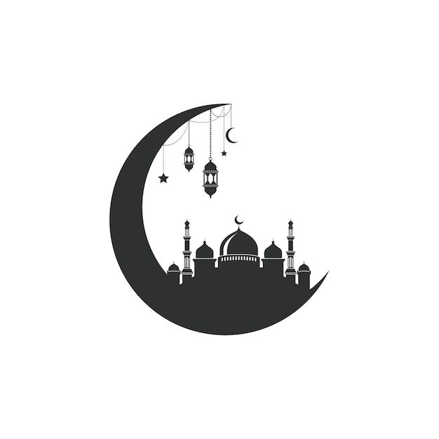 Mosque icon silhouette logo vector illustration design template isolated on crescent moon and lanter