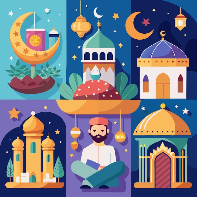 Mosque Illustration with Crescent Moon and Stars in Night Sky