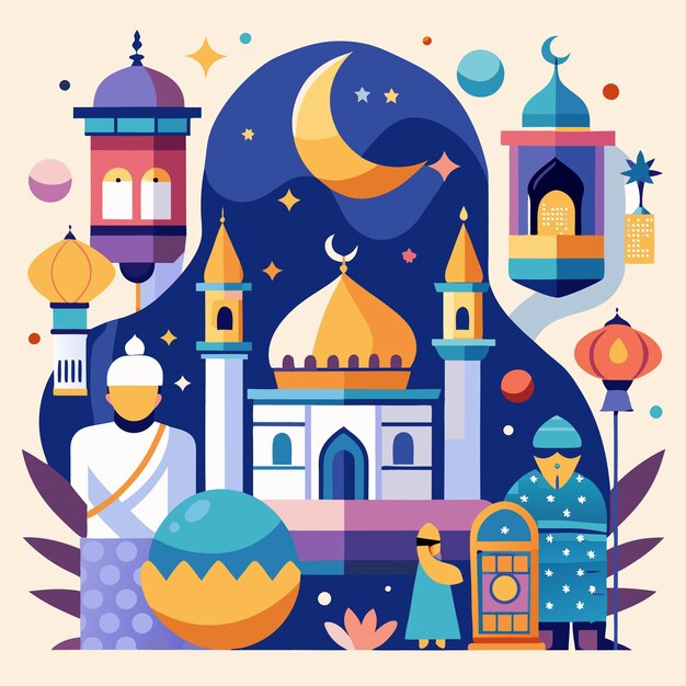 Vector mosque illustration with crescent moon and stars