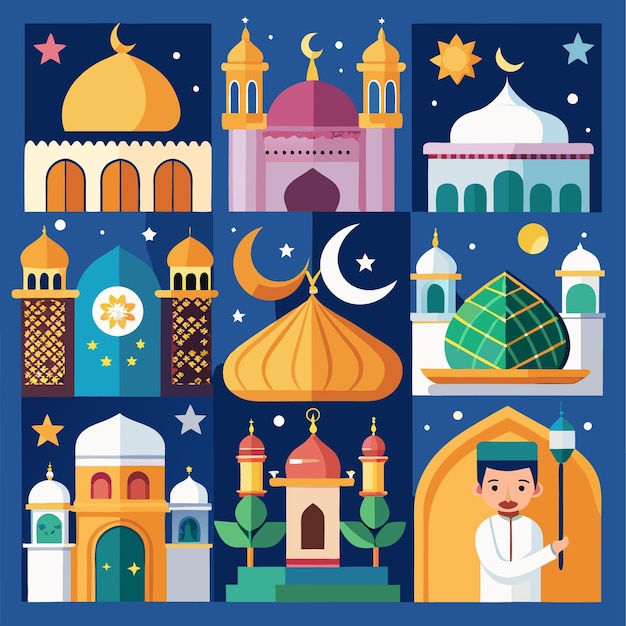 Mosque Illustration with Islamic Architecture Stars Moon and a Man with a Lantern