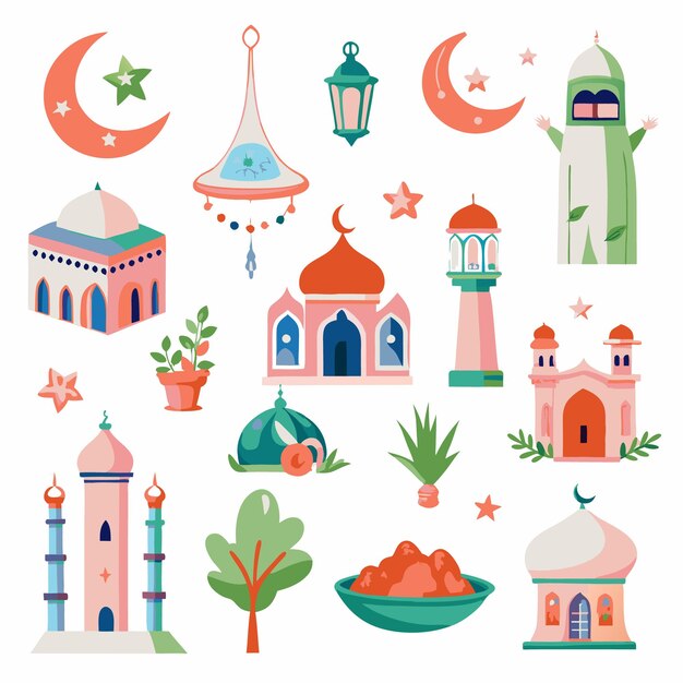 Vector mosque illustration with islamic symbols decorations and characters