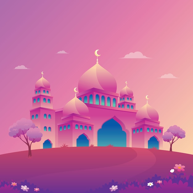 Mosque illustration with nature landscape